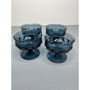 Kings Crown Thumbprint Indiana Glass Teal Blue Sherbet Dessert Glasses - 4